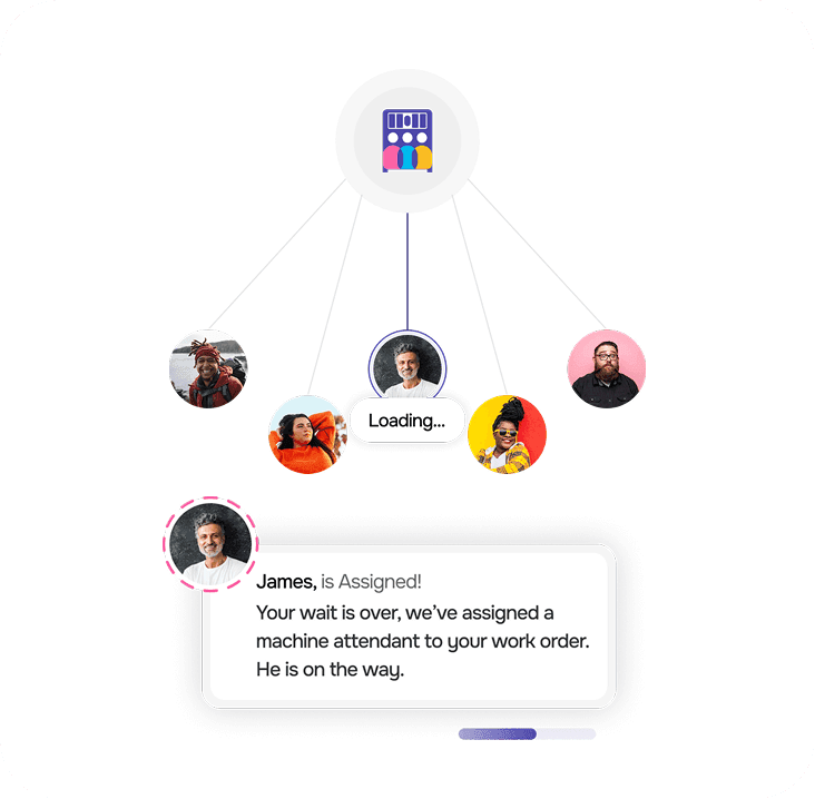 A machine attendant is assigned the work order, and picks up machine keys and inventory from a warehouse.